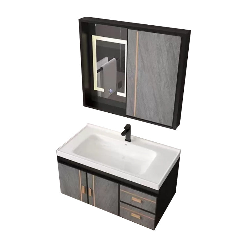2 Doors Bathroom Vanity Grey Mirror Ceramic Top Wall Mount Vanity Set with Single Sink Vanity & Faucet & Mirror Cabinet 39"L x 19"W x 17"H Smart Control Included Clearhalo 'Bathroom Remodel & Bathroom Fixtures' 'Bathroom Vanities' 'bathroom_vanities' 'Home Improvement' 'home_improvement' 'home_improvement_bathroom_vanities' 6380592
