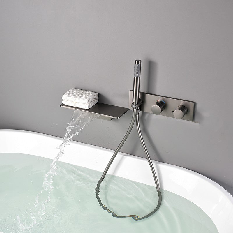 Wall Mounted Metal Tub Filler Double Handles Waterfall Tub Faucet Trim Gun Grey Clearhalo 'Bathroom Remodel & Bathroom Fixtures' 'Bathtub Faucets' 'bathtub_faucets' 'Home Improvement' 'home_improvement' 'home_improvement_bathtub_faucets' 6400209