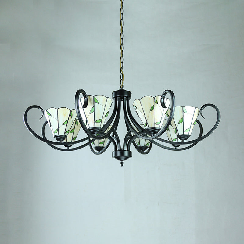 Beige Cone-Shaped Suspension Light Retro Style Stained Glass Leaf Pattern Chandelier for Bedroom Lighting Clearhalo 'Ceiling Lights' 'Chandeliers' 'Close To Ceiling Lights' 'Industrial' 'Middle Century Chandeliers' 'Tiffany Chandeliers' 'Tiffany close to ceiling' 'Tiffany' Lighting' 64008