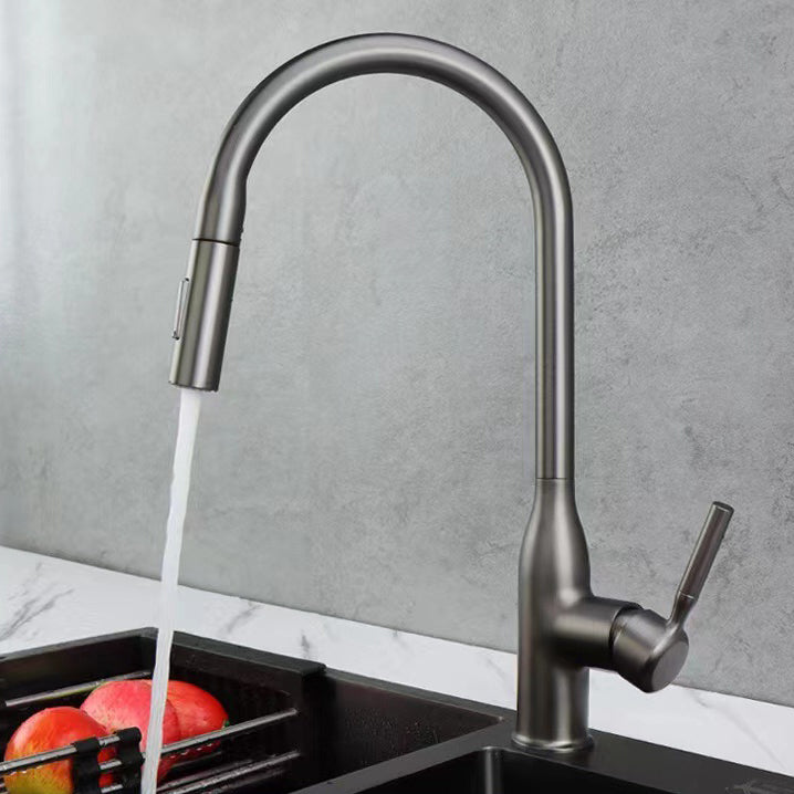 Modern Style Kitchen Faucet Copper 1-Handle Retractable High Arc Kitchen Faucet Silver Clearhalo 'Home Improvement' 'home_improvement' 'home_improvement_kitchen_faucets' 'Kitchen Faucets' 'Kitchen Remodel & Kitchen Fixtures' 'Kitchen Sinks & Faucet Components' 'kitchen_faucets' 6467089