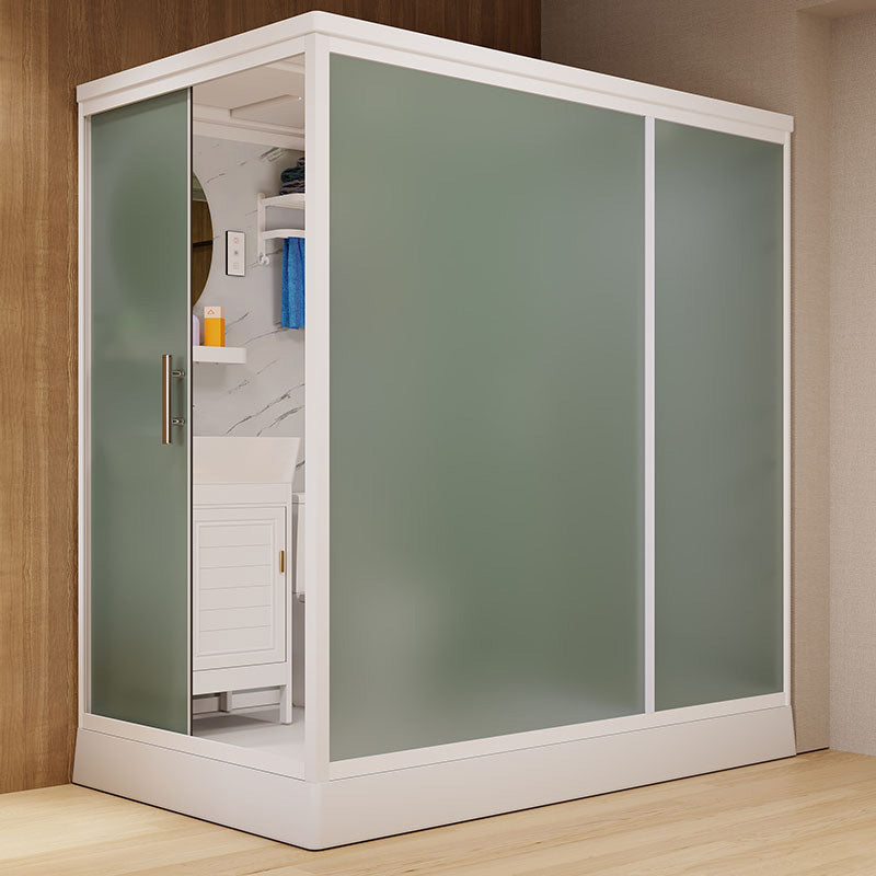 Frosted Glass Shower Enclosure Framed Single Sliding Shower Enclosure in White 79"L x 47"W x 85"H Sided Opening Clearhalo 'Bathroom Remodel & Bathroom Fixtures' 'Home Improvement' 'home_improvement' 'home_improvement_shower_stalls_enclosures' 'Shower Stalls & Enclosures' 'shower_stalls_enclosures' 'Showers & Bathtubs' 6498341