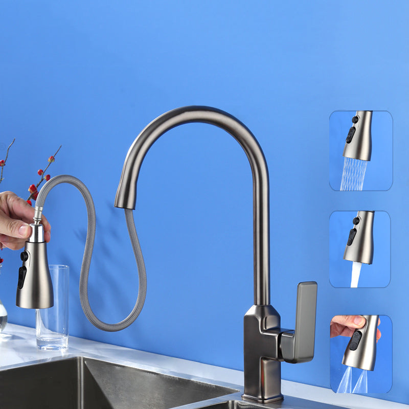 Contemporary Retractable Kitchen Faucet Copper 1-Handle High Arc Kitchen Faucet Black Gray Wide Faucet Clearhalo 'Home Improvement' 'home_improvement' 'home_improvement_kitchen_faucets' 'Kitchen Faucets' 'Kitchen Remodel & Kitchen Fixtures' 'Kitchen Sinks & Faucet Components' 'kitchen_faucets' 6510784