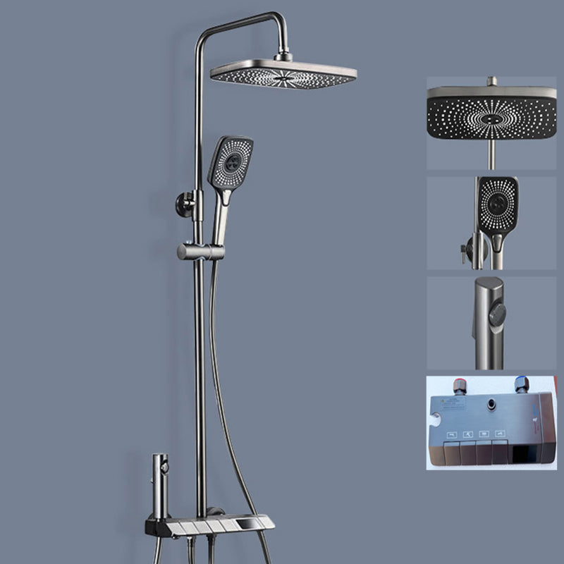 Contemporary Shower System Slide Bar Dual Shower Head Wall Mounted Shower Set Silver Thermostatic Digital Display Included Clearhalo 'Bathroom Remodel & Bathroom Fixtures' 'Home Improvement' 'home_improvement' 'home_improvement_shower_faucets' 'Shower Faucets & Systems' 'shower_faucets' 'Showers & Bathtubs Plumbing' 'Showers & Bathtubs' 6528893