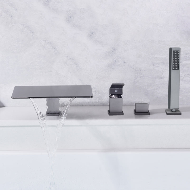 Modern Deck Mounted Metal Freestanding Tub Filler Waterfall Freestanding Faucet Gun Grey 4 Hole Faucets Clearhalo 'Bathroom Remodel & Bathroom Fixtures' 'Bathtub Faucets' 'bathtub_faucets' 'Home Improvement' 'home_improvement' 'home_improvement_bathtub_faucets' 6558416