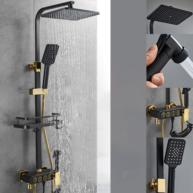 Contemporary Shower Set Slide Bar Adjustable Shower Head Wall Mounted Shower System Black-Gold Square Clearhalo 'Bathroom Remodel & Bathroom Fixtures' 'Home Improvement' 'home_improvement' 'home_improvement_shower_faucets' 'Shower Faucets & Systems' 'shower_faucets' 'Showers & Bathtubs Plumbing' 'Showers & Bathtubs' 6558703