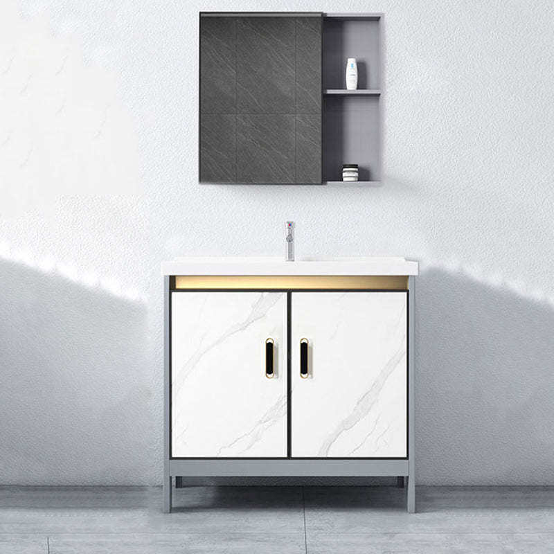 White Vanity Set Single Sink Freestanding Metal Mirror Bathroom Vanity with Faucet Vanity & Faucet & Mirror Cabinet Clearhalo 'Bathroom Remodel & Bathroom Fixtures' 'Bathroom Vanities' 'bathroom_vanities' 'Home Improvement' 'home_improvement' 'home_improvement_bathroom_vanities' 6578068