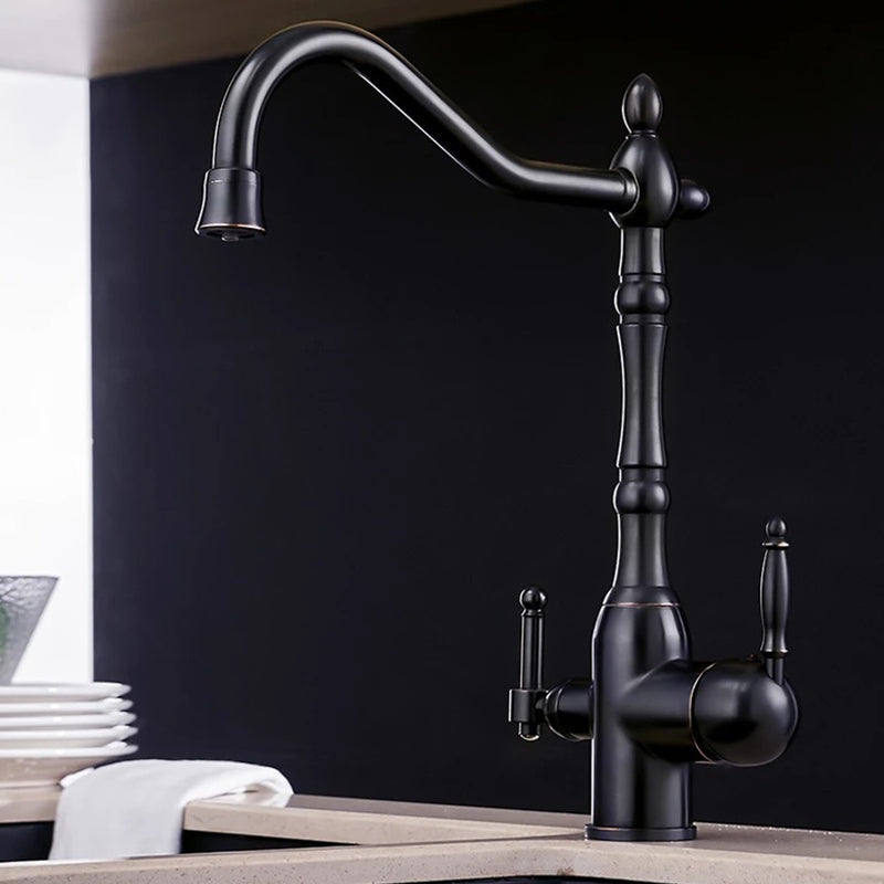 Traditional Bridge Kitchen Faucet 2-Handle Bridge Kitchen Faucet in Gold Black Clearhalo 'Home Improvement' 'home_improvement' 'home_improvement_kitchen_faucets' 'Kitchen Faucets' 'Kitchen Remodel & Kitchen Fixtures' 'Kitchen Sinks & Faucet Components' 'kitchen_faucets' 6585226