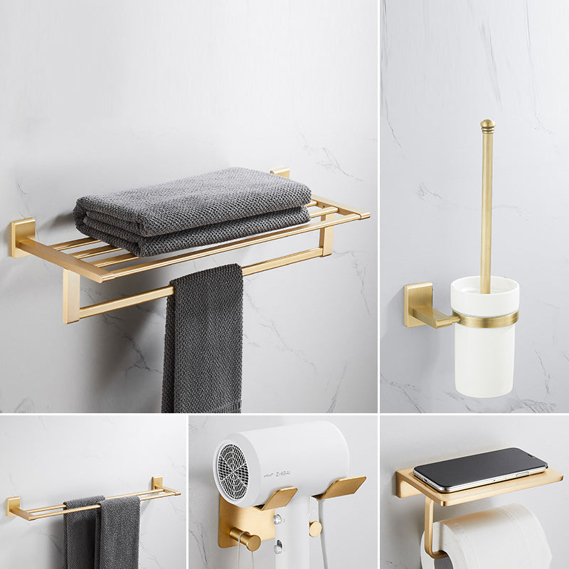 Golden Modern 5-Piece Bathroom Accessory Set Brushed Brass Towel Bar/Paper Holder 5-Piece Set (Double Rods) Clearhalo 'Bathroom Hardware Sets' 'Bathroom Hardware' 'Bathroom Remodel & Bathroom Fixtures' 'bathroom_hardware_sets' 'Home Improvement' 'home_improvement' 'home_improvement_bathroom_hardware_sets' 6588125