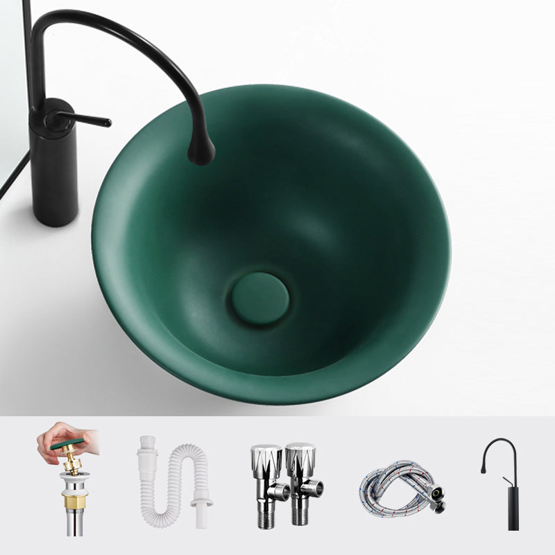 Modern Bathroom Sink Porcelain Round with Pop-Up Drain Vessel Bathroom Sink Green Sink with Faucet Black Clearhalo 'Bathroom Remodel & Bathroom Fixtures' 'Bathroom Sinks & Faucet Components' 'Bathroom Sinks' 'bathroom_sink' 'Home Improvement' 'home_improvement' 'home_improvement_bathroom_sink' 6658929