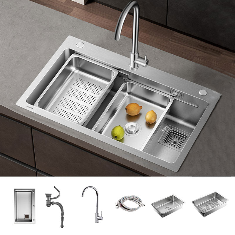 Modern Style Kitchen Sink Drop-In Stainless Steel Noise-cancelling Design Kitchen Sink 31"L x 19"W x 9"H Sink with Faucet Round Faucet Clearhalo 'Home Improvement' 'home_improvement' 'home_improvement_kitchen_sinks' 'Kitchen Remodel & Kitchen Fixtures' 'Kitchen Sinks & Faucet Components' 'Kitchen Sinks' 'kitchen_sinks' 6695112