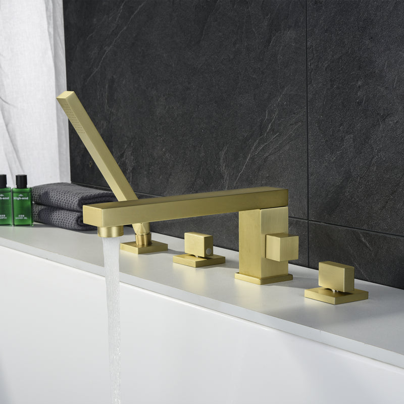 Contemporary Deck Mounted Roman Copper Tub Faucet Low Arc Roman Tub Faucet Set Gold Square Rectangle 4 Hole Faucets Clearhalo 'Bathroom Remodel & Bathroom Fixtures' 'Bathtub Faucets' 'bathtub_faucets' 'Home Improvement' 'home_improvement' 'home_improvement_bathtub_faucets' 6695307