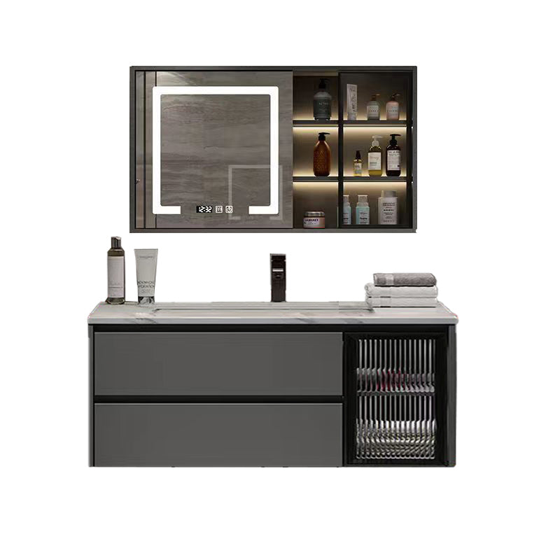 Wall Mount Bath Vanity Grey Metal Frame Mirror Single Sink Bathroom Vanity with Drawers Vanity & Faucet & Fully Sealed Smart Mirror Cabinet Stone Clearhalo 'Bathroom Remodel & Bathroom Fixtures' 'Bathroom Vanities' 'bathroom_vanities' 'Home Improvement' 'home_improvement' 'home_improvement_bathroom_vanities' 6727966