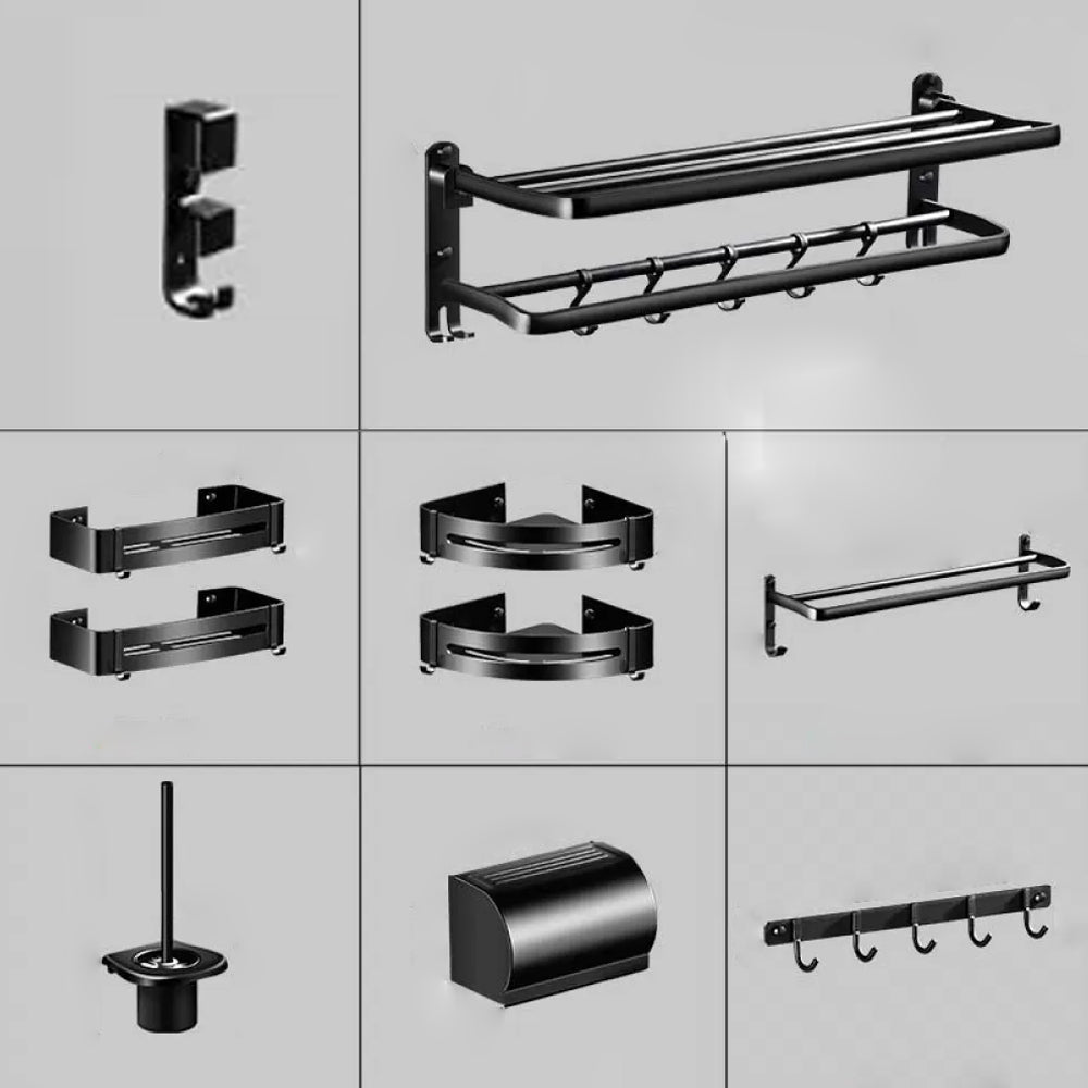 Modern Aluminum Bath Hardware Set Black Bathroom Accessory Kit 10-Piece Set (Towel Rack) Clearhalo 'Bathroom Hardware Sets' 'Bathroom Hardware' 'Bathroom Remodel & Bathroom Fixtures' 'bathroom_hardware_sets' 'Home Improvement' 'home_improvement' 'home_improvement_bathroom_hardware_sets' 6778059