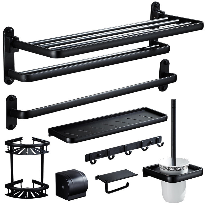 Contemporary 8-Piece Bathroom Hardware Set Matte Black Bath Shelf/Paper Holder/Robe Hooks 8-Piece Set Clearhalo 'Bathroom Hardware Sets' 'Bathroom Hardware' 'Bathroom Remodel & Bathroom Fixtures' 'bathroom_hardware_sets' 'Home Improvement' 'home_improvement' 'home_improvement_bathroom_hardware_sets' 6778512