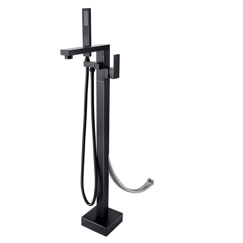 Brass Freestanding Tub Filler Floor Mounted Tub Filler with Handles Black Square Rectangle Wall Clearhalo 'Bathroom Remodel & Bathroom Fixtures' 'Bathtub Faucets' 'bathtub_faucets' 'Home Improvement' 'home_improvement' 'home_improvement_bathtub_faucets' 6818883