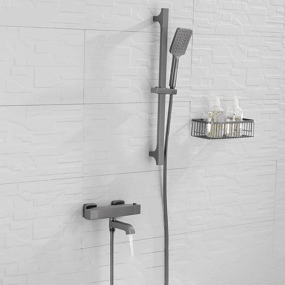Black Tub Filler Wall-Mounted Brass Single Knob Handle Swivel Tub Filler with Handshower Square Rectangle Hand Shower Included Risers Included Clearhalo 'Bathroom Remodel & Bathroom Fixtures' 'Bathtub Faucets' 'bathtub_faucets' 'Home Improvement' 'home_improvement' 'home_improvement_bathtub_faucets' 6835827