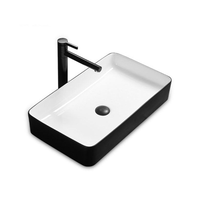 Modern Bathroom Sink Rectangular Porcelain Trough Sink with Pop-Up Drain 24"L x 14"W x 4"H Black White Sink with Faucet Clearhalo 'Bathroom Remodel & Bathroom Fixtures' 'Bathroom Sinks & Faucet Components' 'Bathroom Sinks' 'bathroom_sink' 'Home Improvement' 'home_improvement' 'home_improvement_bathroom_sink' 6836214