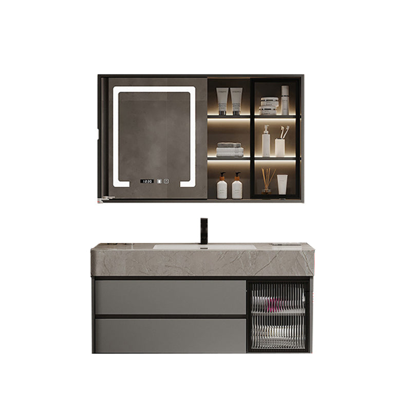 Modern Glass Vanity Sink Bathroom Wall-Mounted Vanity Cabinet with Mirror Cabinet Vanity & Faucet & Smart Medicine Cabinet 47"L x 19"W x 22"H Clearhalo 'Bathroom Remodel & Bathroom Fixtures' 'Bathroom Vanities' 'bathroom_vanities' 'Home Improvement' 'home_improvement' 'home_improvement_bathroom_vanities' 6836436