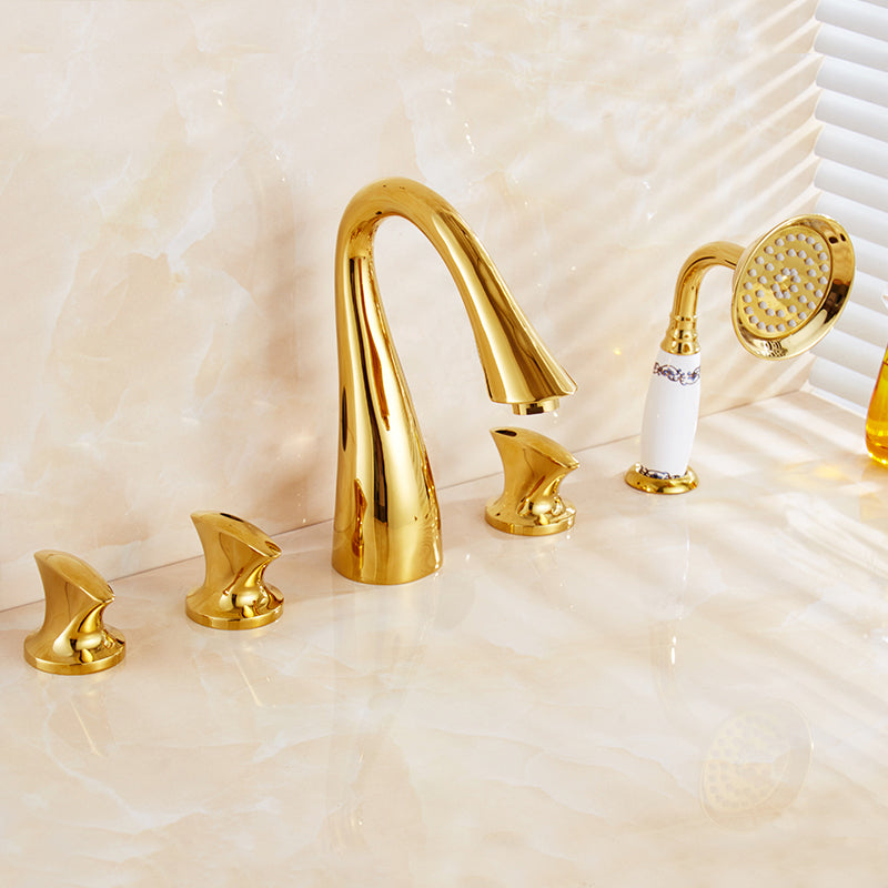 Traditional Roman Tub Faucet Set Copper Deck Mounted Triple Handle Roman Bathtub Faucet Gold Gooseneck Clearhalo 'Bathroom Remodel & Bathroom Fixtures' 'Bathtub Faucets' 'bathtub_faucets' 'Home Improvement' 'home_improvement' 'home_improvement_bathtub_faucets' 6849662