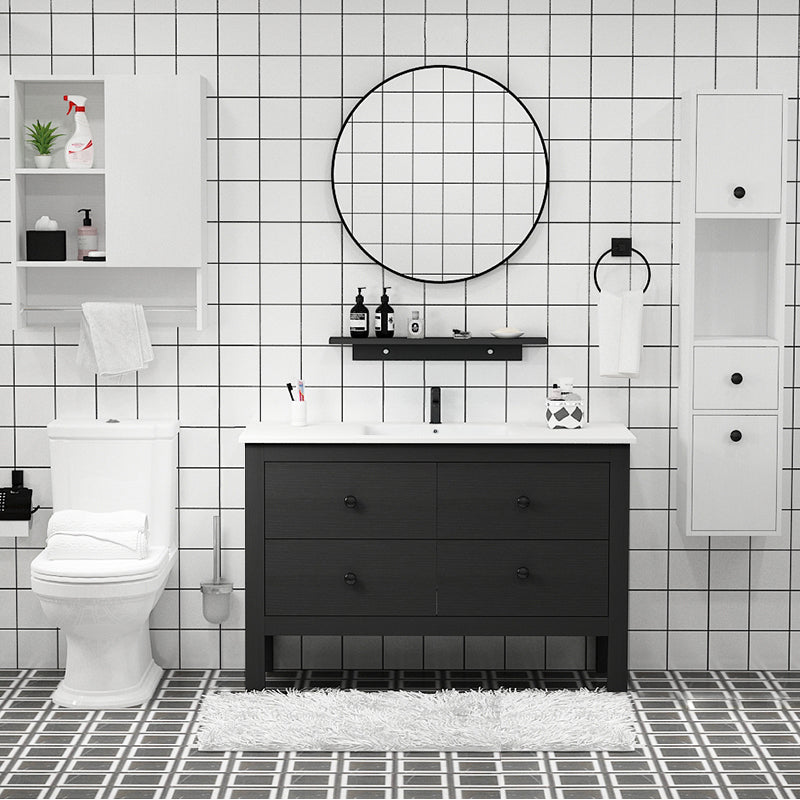 Freestanding Vanity Drawers Single Sink Rectangle Wood Frame Bathroom Vanity with Mirror Vanity & Faucet & Mirrors 48"L x 19"W x 32"H Black Clearhalo 'Bathroom Remodel & Bathroom Fixtures' 'Bathroom Vanities' 'bathroom_vanities' 'Home Improvement' 'home_improvement' 'home_improvement_bathroom_vanities' 6849927