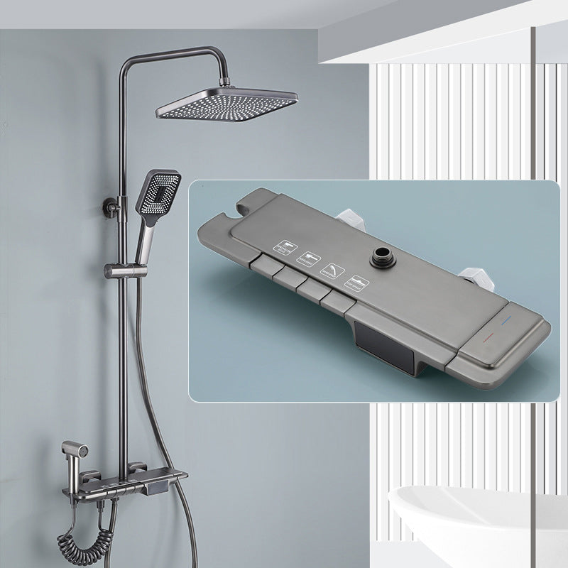 Modern Shower Trim Brass Temperature Control Wall Mounted Shower Combo Gun Grey Clearhalo 'Bathroom Remodel & Bathroom Fixtures' 'Home Improvement' 'home_improvement' 'home_improvement_shower_faucets' 'Shower Faucets & Systems' 'shower_faucets' 'Showers & Bathtubs Plumbing' 'Showers & Bathtubs' 6871485
