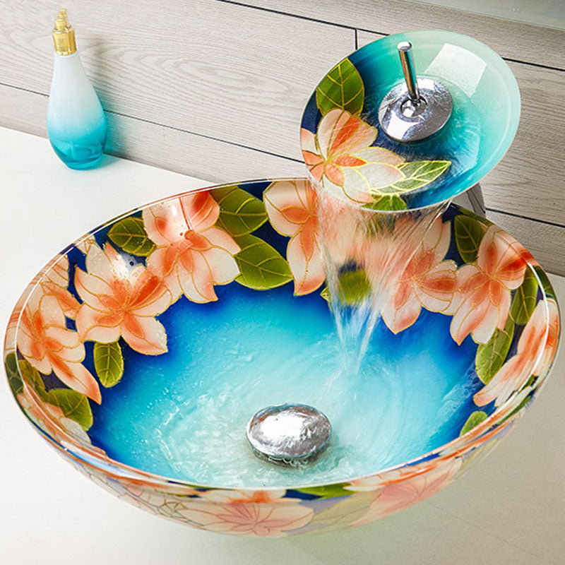 Tempered Glass Bathroom Sink Contemporary Trough Bathroom Sink with Round Shape Sink & Drain Assembly & Faucet Clearhalo 'Bathroom Remodel & Bathroom Fixtures' 'Bathroom Sinks & Faucet Components' 'Bathroom Sinks' 'bathroom_sink' 'Home Improvement' 'home_improvement' 'home_improvement_bathroom_sink' 6881707