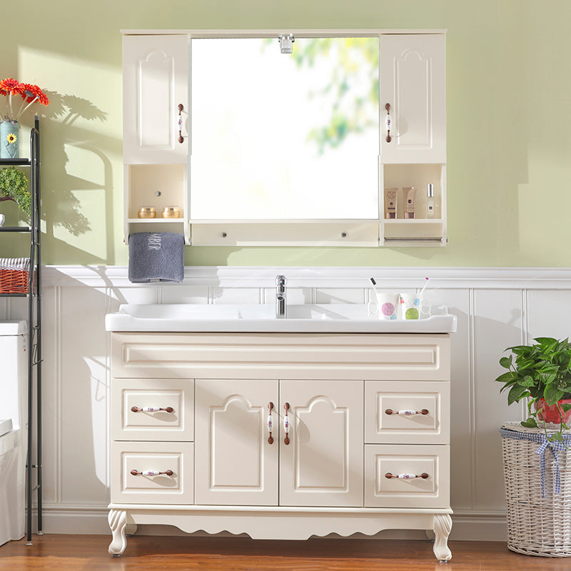 Freestanding Bathroom Vanity Single Sink White Mirror 2 Doors Vanity with Drawers Vanity & Faucet & Smart Medicine Cabinet 48"L x 19"W x 31"H Clearhalo 'Bathroom Remodel & Bathroom Fixtures' 'Bathroom Vanities' 'bathroom_vanities' 'Home Improvement' 'home_improvement' 'home_improvement_bathroom_vanities' 6914849