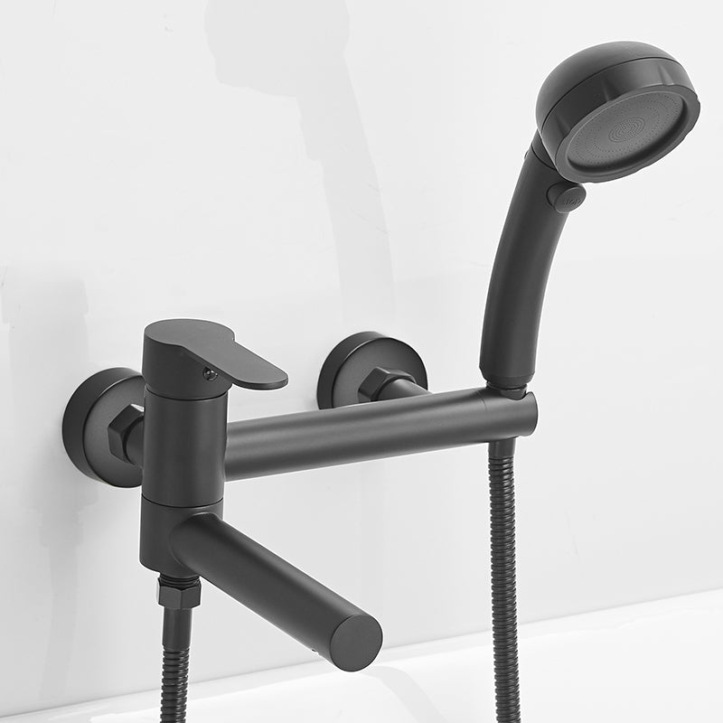 Wall Mounted Metal Rotatable Tub Filler Single Handle Faucet Black Hand Shower Included Hose Included Clearhalo 'Bathroom Remodel & Bathroom Fixtures' 'Bathtub Faucets' 'bathtub_faucets' 'Home Improvement' 'home_improvement' 'home_improvement_bathtub_faucets' 6915031