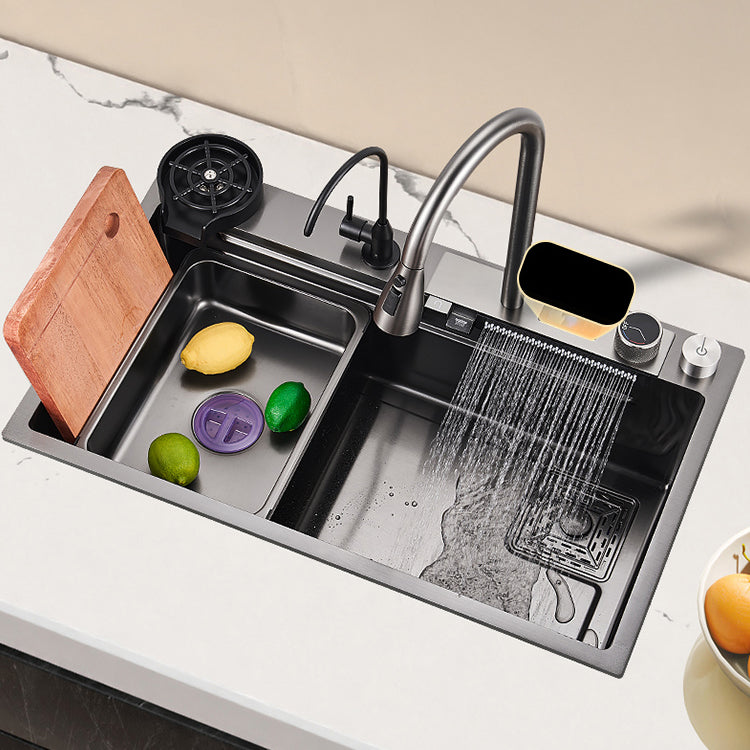 Classic Black Sink Stainless Steel Single Basin Sink with Soundproofing 31"L x 18"W x 9"H Sink with Faucet Pull Out Filter Double Faucet&Cup Washer&Deck Control Drain Clearhalo 'Home Improvement' 'home_improvement' 'home_improvement_kitchen_sinks' 'Kitchen Remodel & Kitchen Fixtures' 'Kitchen Sinks & Faucet Components' 'Kitchen Sinks' 'kitchen_sinks' 6926597