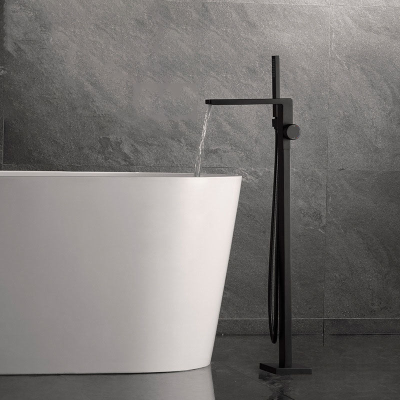 Freestanding Tub Filler Black Brass Single Knob Handle Fixed Tub Filler with Handshower Embedded Box Included Clearhalo 'Bathroom Remodel & Bathroom Fixtures' 'Bathtub Faucets' 'bathtub_faucets' 'Home Improvement' 'home_improvement' 'home_improvement_bathtub_faucets' 6952740