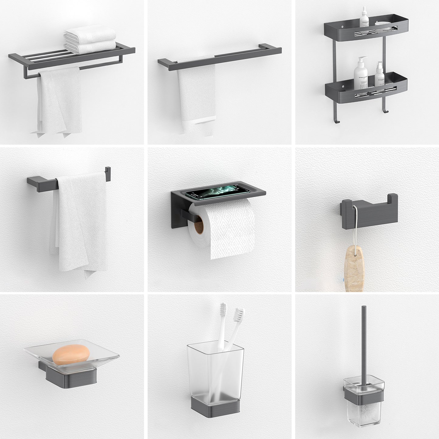 Gray Contemporary Bathroom Hardware Set Brushed Gray Bath Shelf/Paper Holder/Towel Bar 9-Piece Set Clearhalo 'Bathroom Hardware Sets' 'Bathroom Hardware' 'Bathroom Remodel & Bathroom Fixtures' 'bathroom_hardware_sets' 'Home Improvement' 'home_improvement' 'home_improvement_bathroom_hardware_sets' 6997035