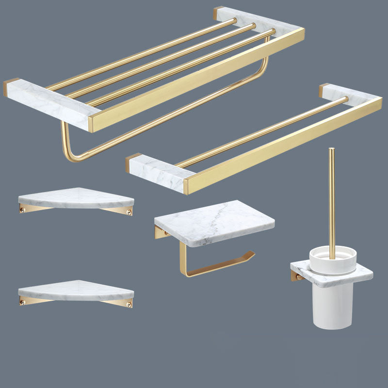 Polished Brass Bathroom Accessory Set Marble Bathroom Hardware White 6-Piece Set Clearhalo 'Bathroom Hardware Sets' 'Bathroom Hardware' 'Bathroom Remodel & Bathroom Fixtures' 'bathroom_hardware_sets' 'Home Improvement' 'home_improvement' 'home_improvement_bathroom_hardware_sets' 6997744