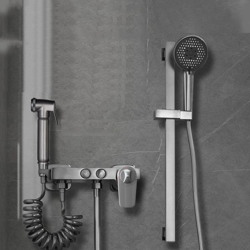 Contemporary Tub Filler Trim Wall Mount with Handshower and Hose Thermostat Copper Spray Gun Risers Included Clearhalo 'Bathroom Remodel & Bathroom Fixtures' 'Bathtub Faucets' 'bathtub_faucets' 'Home Improvement' 'home_improvement' 'home_improvement_bathtub_faucets' 7011679