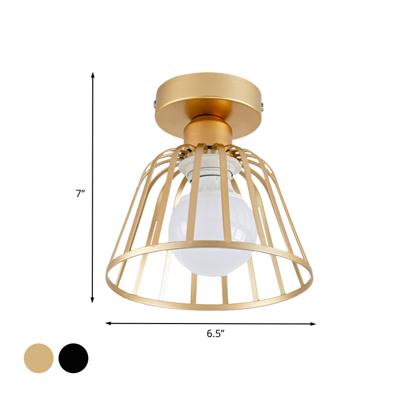 Minimalist Bowl Cage Semi Flush Lighting Iron 1 Bulb Corridor Ceiling Flush Mount in Black/Gold Clearhalo 'Ceiling Lights' 'Close To Ceiling Lights' 'Close to ceiling' 'Semi-flushmount' Lighting' 702565
