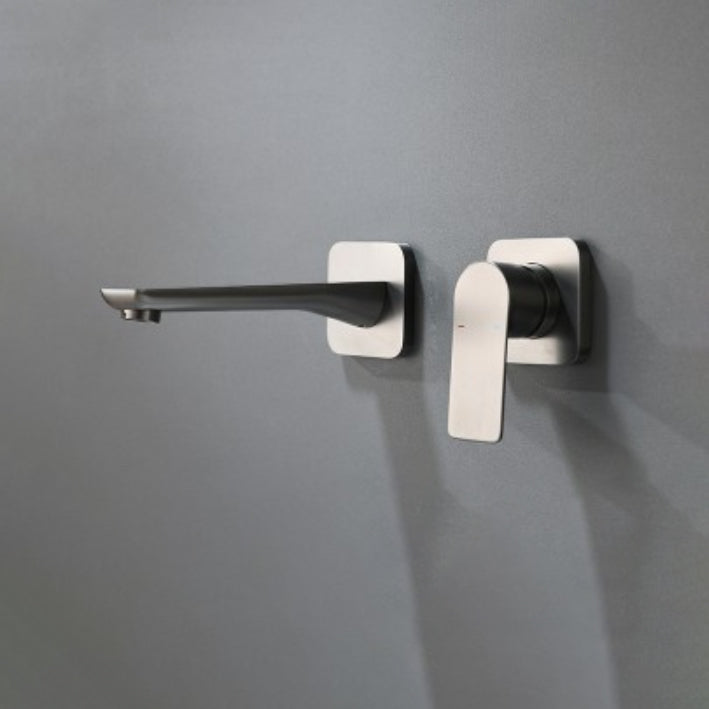 Metal Wall Mounted Bathroom Faucet Modern Widespread Sink Faucet Grey Clearhalo 'Bathroom Remodel & Bathroom Fixtures' 'Bathroom Sink Faucets' 'Bathroom Sinks & Faucet Components' 'bathroom_sink_faucets' 'Home Improvement' 'home_improvement' 'home_improvement_bathroom_sink_faucets' 7031431