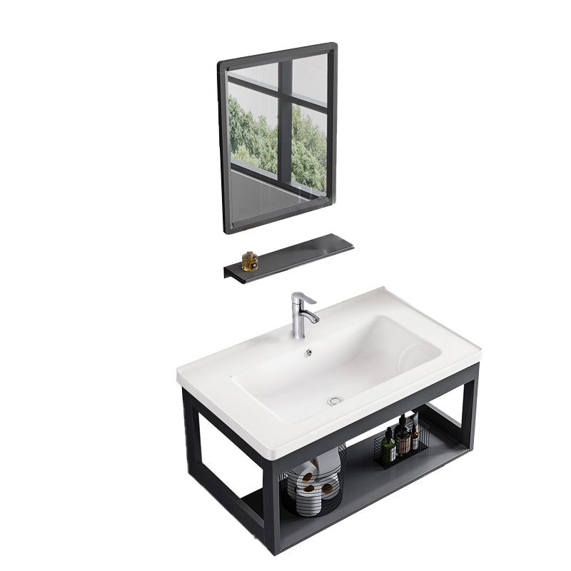Bathroom Vanity Set Wall Mounted Storage Shelf Ceramic Sink Mirror Vanity Sink with Faucet Vanity & Faucet & Mirrors Square Mirror Clearhalo 'Bathroom Remodel & Bathroom Fixtures' 'Bathroom Vanities' 'bathroom_vanities' 'Home Improvement' 'home_improvement' 'home_improvement_bathroom_vanities' 7032200