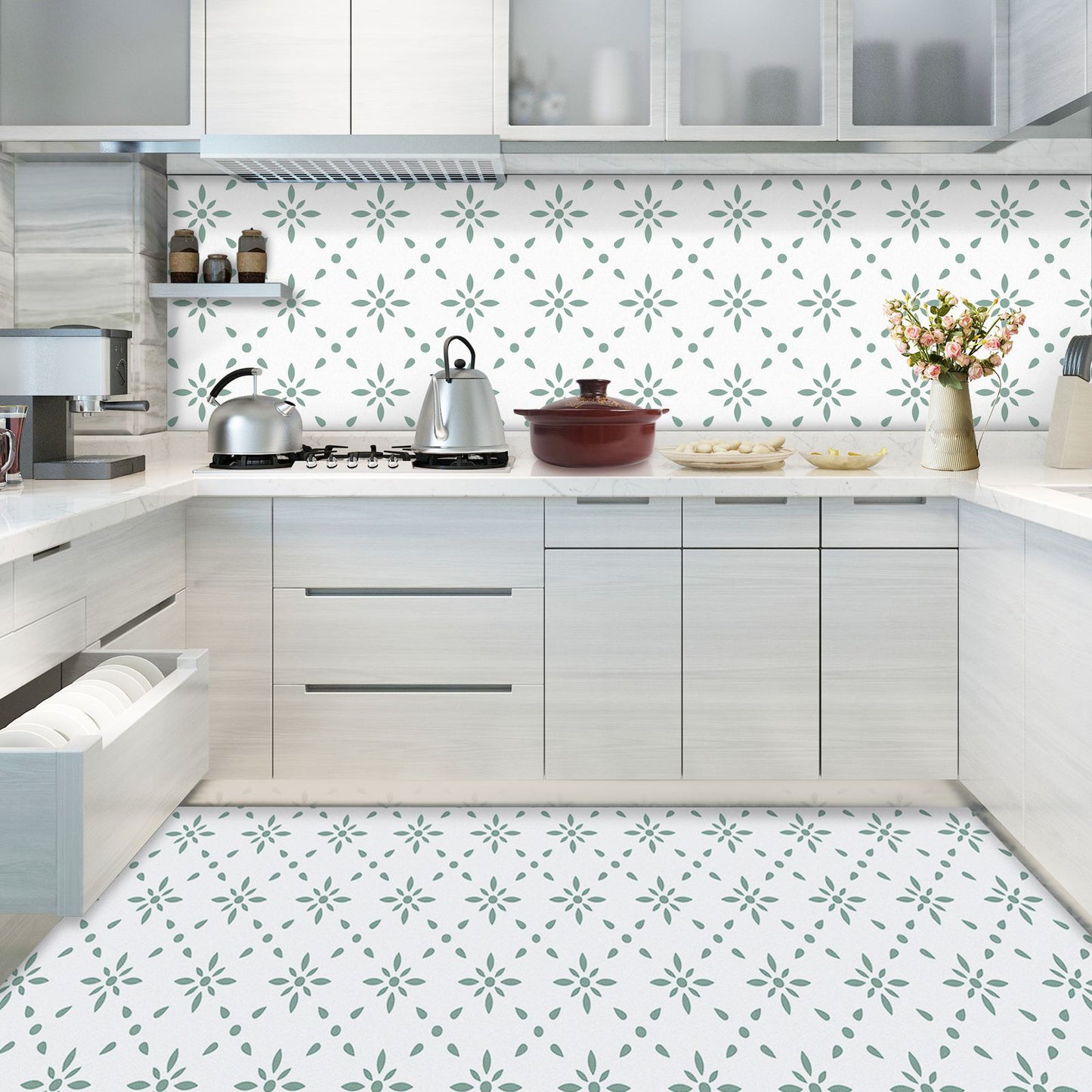 Print Plastic Peel & Stick Tile Field Tile for Kitchen and Bathroom Backsplash Light Green 20-Piece Set Clearhalo 'Flooring 'Home Improvement' 'home_improvement' 'home_improvement_peel_stick_blacksplash' 'Peel & Stick Backsplash Tile' 'peel_stick_blacksplash' 'Walls & Ceilings' Walls and Ceiling' 7032909