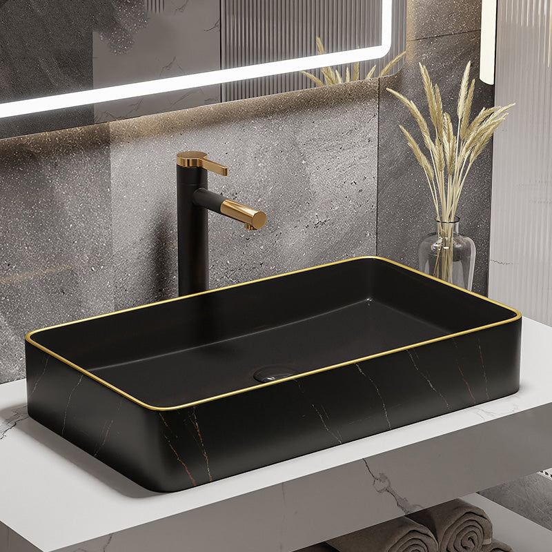 Rectangular Trough Sink Modern Simple Porcelain Trough Bathroom Sink 24.4"L x 13.8"W x 4.3"H Black Gold Sink with Faucet Clearhalo 'Bathroom Remodel & Bathroom Fixtures' 'Bathroom Sinks & Faucet Components' 'Bathroom Sinks' 'bathroom_sink' 'Home Improvement' 'home_improvement' 'home_improvement_bathroom_sink' 7038074