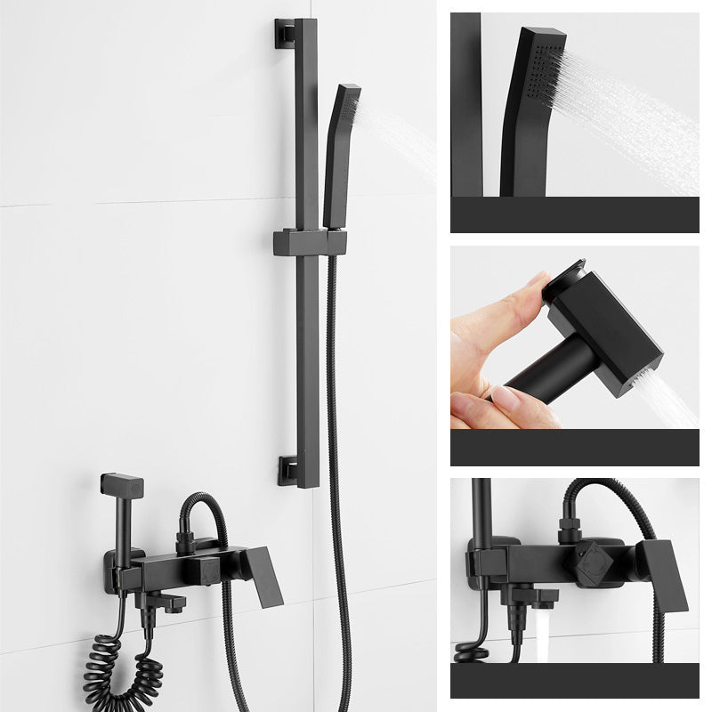 Black Wall Mounted Shower Head Combo Modern Metal Shower System Matte Black Rectangle Slide Bar Included Clearhalo 'Bathroom Remodel & Bathroom Fixtures' 'Home Improvement' 'home_improvement' 'home_improvement_shower_faucets' 'Shower Faucets & Systems' 'shower_faucets' 'Showers & Bathtubs Plumbing' 'Showers & Bathtubs' 7063142