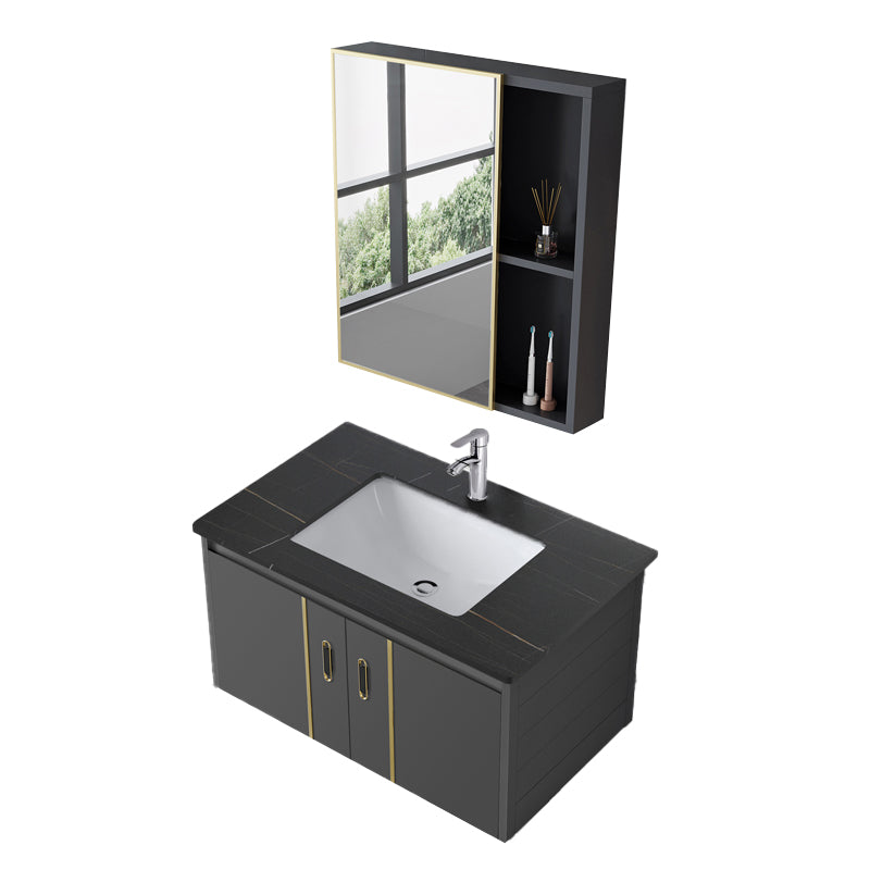 Glam Vanity Wall Mount Single Sink Metal Frame Rectangular Mirror Vanity with 2 Doors Vanity & Faucet & Mirror Cabinet 31"L x 19"W x 17"H Stone Clearhalo 'Bathroom Remodel & Bathroom Fixtures' 'Bathroom Vanities' 'bathroom_vanities' 'Home Improvement' 'home_improvement' 'home_improvement_bathroom_vanities' 7064340