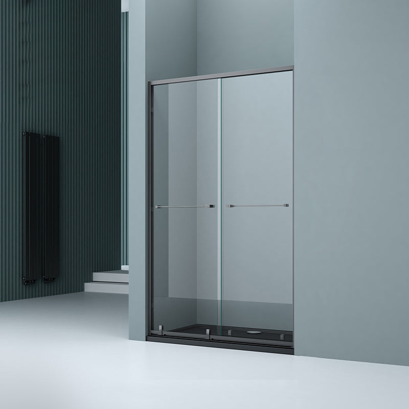 Semi Frameless Double Sliding Shower Door Tempered Glass Shower Door Gun Grey Clearhalo 'Bathroom Remodel & Bathroom Fixtures' 'Home Improvement' 'home_improvement' 'home_improvement_shower_tub_doors' 'Shower and Tub Doors' 'shower_tub_doors' 'Showers & Bathtubs' 7066111