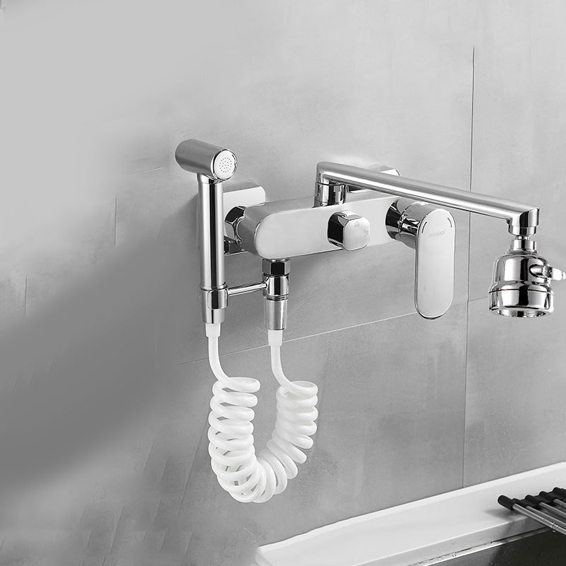 Kitchen Faucet Single Lever Handle Swivel Spout Chrome 2 Holes Bar Faucet Silver Low Radian Tri-Mode Spray Clearhalo 'Home Improvement' 'home_improvement' 'home_improvement_kitchen_faucets' 'Kitchen Faucets' 'Kitchen Remodel & Kitchen Fixtures' 'Kitchen Sinks & Faucet Components' 'kitchen_faucets' 7119965