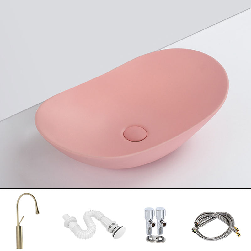 Contemporary Vessel Bathroom Sink Porcelain Vessel Lavatory Sink 23.6"L x 14.2"W x 5.9"H Pink Droplet Faucet Clearhalo 'Bathroom Remodel & Bathroom Fixtures' 'Bathroom Sinks & Faucet Components' 'Bathroom Sinks' 'bathroom_sink' 'Home Improvement' 'home_improvement' 'home_improvement_bathroom_sink' 7126433