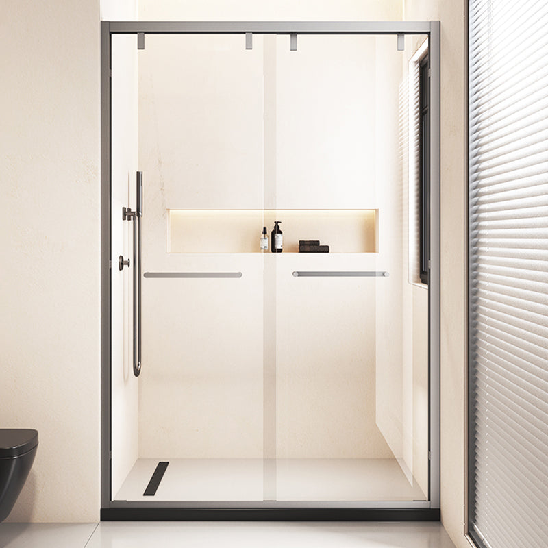 Narrow Edge Semi Frameless Shower Door Tempered Glass Double Sliding Shower Door Gun Grey Clearhalo 'Bathroom Remodel & Bathroom Fixtures' 'Home Improvement' 'home_improvement' 'home_improvement_shower_tub_doors' 'Shower and Tub Doors' 'shower_tub_doors' 'Showers & Bathtubs' 7128052