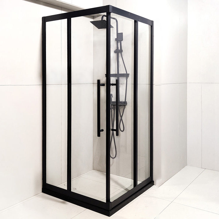 Double Sliding Corner Shower Enclosure Framed Tempered Glass Shower Enclosure Black Clearhalo 'Bathroom Remodel & Bathroom Fixtures' 'Home Improvement' 'home_improvement' 'home_improvement_shower_stalls_enclosures' 'Shower Stalls & Enclosures' 'shower_stalls_enclosures' 'Showers & Bathtubs' 7129014