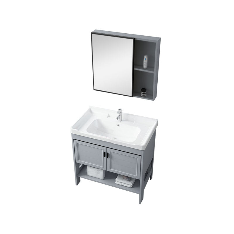 Shelving Included Bath Vanity Freestanding Grey Single Sink 2 Doors Metal Frame Vanity Vanity & Faucet & Mirror Cabinet Clearhalo 'Bathroom Remodel & Bathroom Fixtures' 'Bathroom Vanities' 'bathroom_vanities' 'Home Improvement' 'home_improvement' 'home_improvement_bathroom_vanities' 7160544
