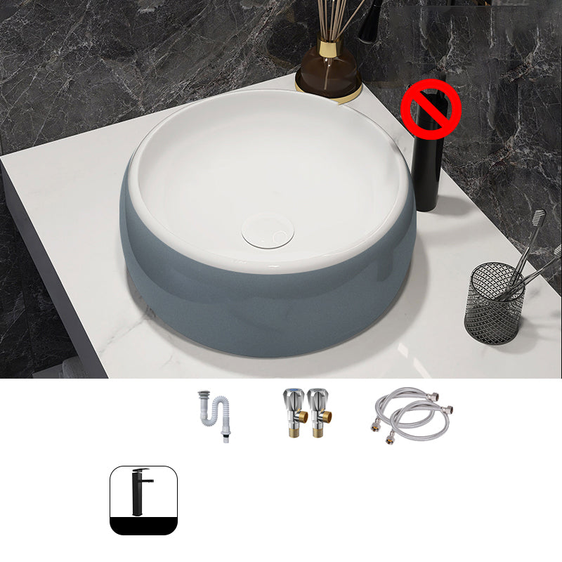Modern Style Vessel Bathroom Sink Round Ceramic Vessel Bathroom Sink 15.7"L x 15.7"W x 5.9"H Sink with Faucet Hot and Cold Faucet Clearhalo 'Bathroom Remodel & Bathroom Fixtures' 'Bathroom Sinks & Faucet Components' 'Bathroom Sinks' 'bathroom_sink' 'Home Improvement' 'home_improvement' 'home_improvement_bathroom_sink' 7205630