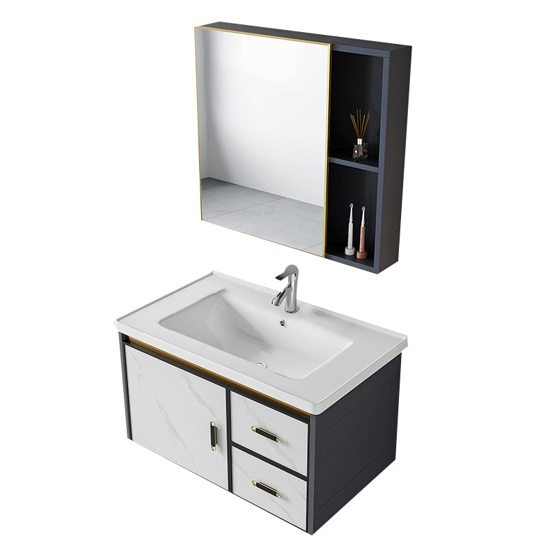 Modern Style Bath Vanity Dirt Resistant Wall Mount Bath Vanity with Faucet Vanity & Faucet & Mirror Cabinet 32"L x 19"W x 16"H Ceramic Clearhalo 'Bathroom Remodel & Bathroom Fixtures' 'Bathroom Vanities' 'bathroom_vanities' 'Home Improvement' 'home_improvement' 'home_improvement_bathroom_vanities' 7207046