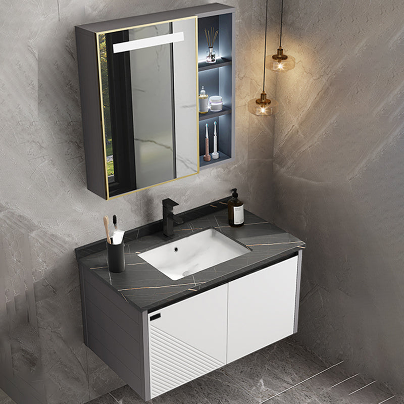 Modern Sink Vanity Set Wall Mounted Rectangular Sink Drawers Vanity Set Vanity & Faucet & Sensor Mirror Cabinet 32"L x 19"W x 19"H Stone Clearhalo 'Bathroom Remodel & Bathroom Fixtures' 'Bathroom Vanities' 'bathroom_vanities' 'Home Improvement' 'home_improvement' 'home_improvement_bathroom_vanities' 7215148