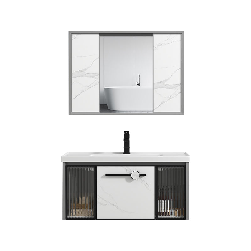 Single Sink Ceramic Bathroom Vanity Modern Gray Rectangular Sink Vanity Vanity & Faucet & Mirror Cabinet 39"L x 16"W x 18"H Clearhalo 'Bathroom Remodel & Bathroom Fixtures' 'Bathroom Vanities' 'bathroom_vanities' 'Home Improvement' 'home_improvement' 'home_improvement_bathroom_vanities' 7230507